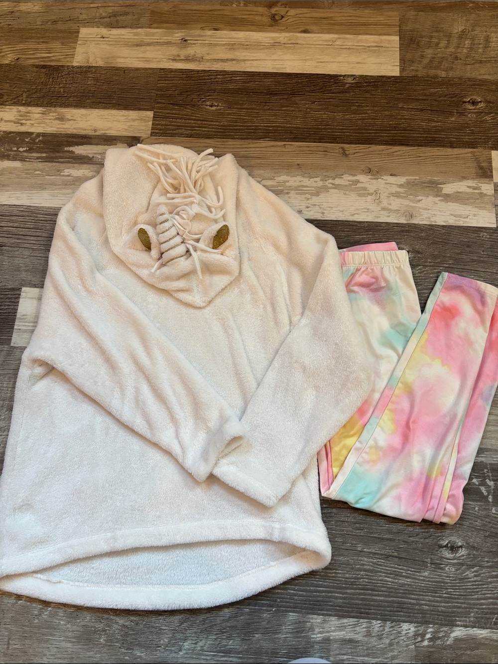 Cozy Unicorn Cream Hoodie & Pastel Tie-Dye bottom pajamas set